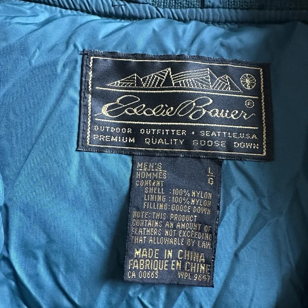 VTG Eddie Bauer Puffer Vest Jacket Men's Large Premium Goose Down Blue‎ 6731